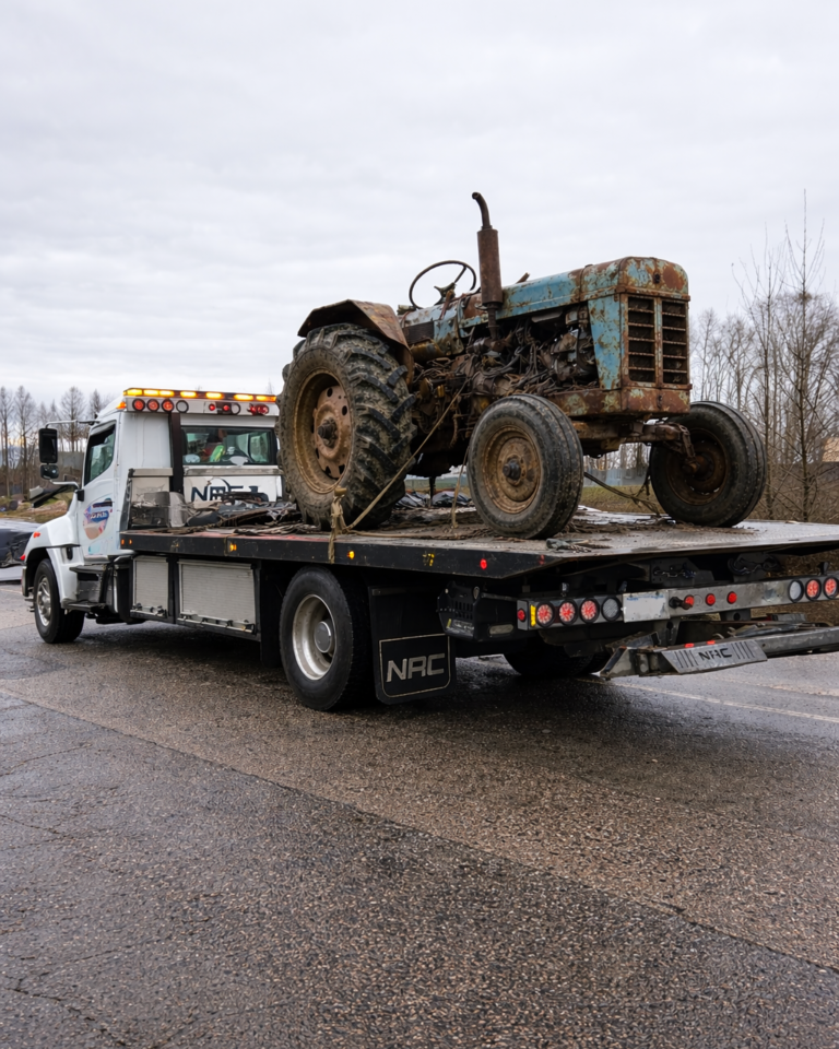 scrap truck on top of a tow tuck being removed from surrey